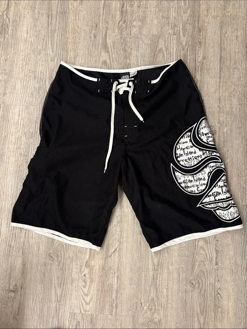 Black Men's Swim Board Shorts with White Contrast and Side Graphic